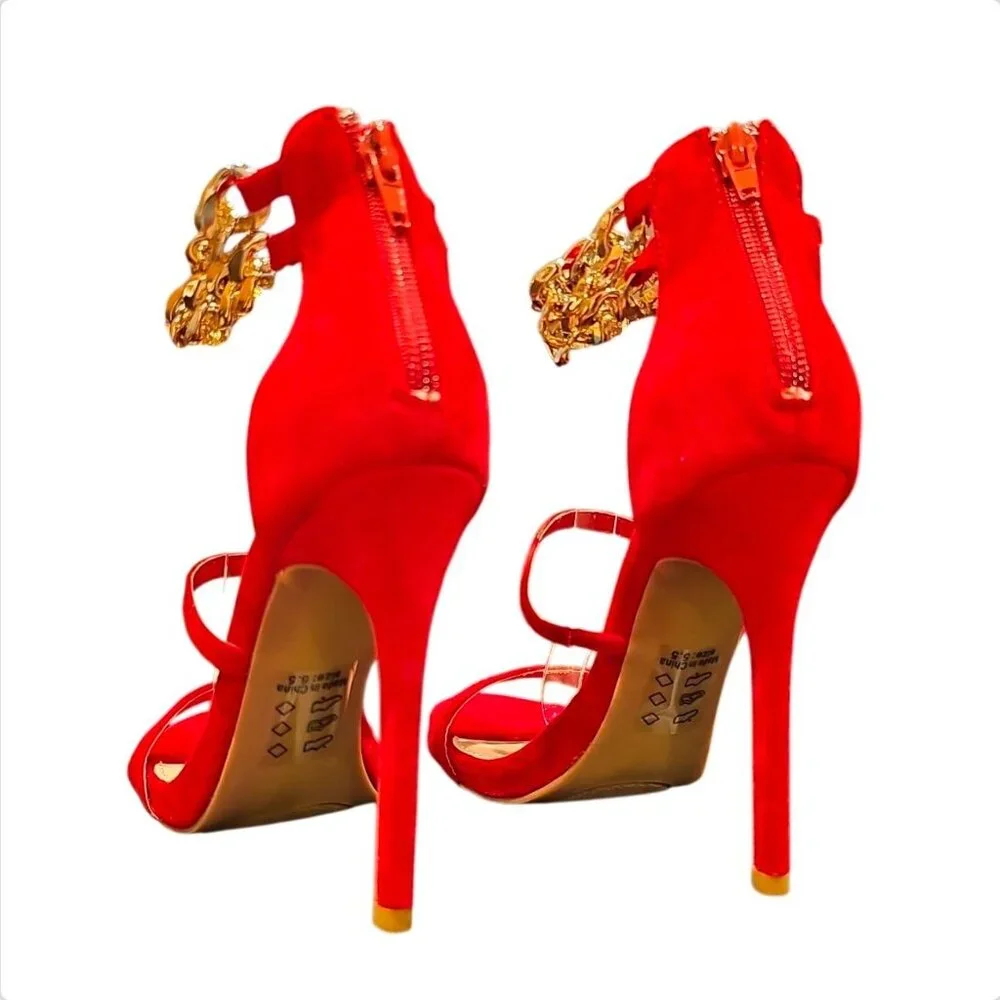 Red High Heel Sandals With Gold Chain Ankle Strap - Picture 10 of 10